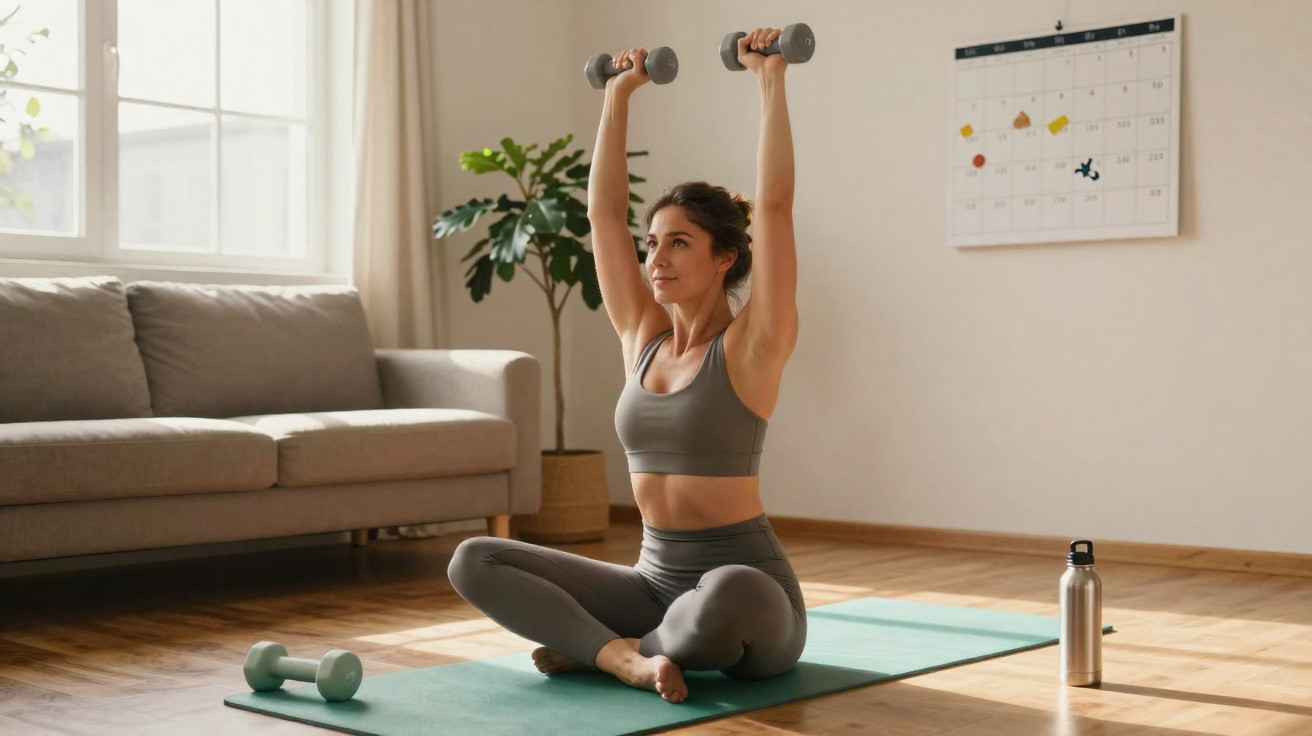 Femme souriante en tenue de sport réalisant un exercice avec haltères assise sur un tapis de yoga dans un salon lumineux.