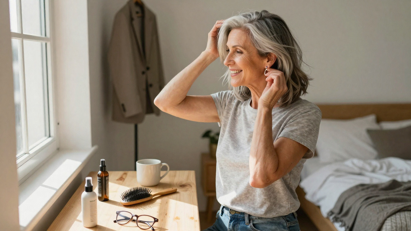 Femme souriante aux cheveux gris se coiffant près d'une fenêtre dans une chambre lumineuse et épurée.