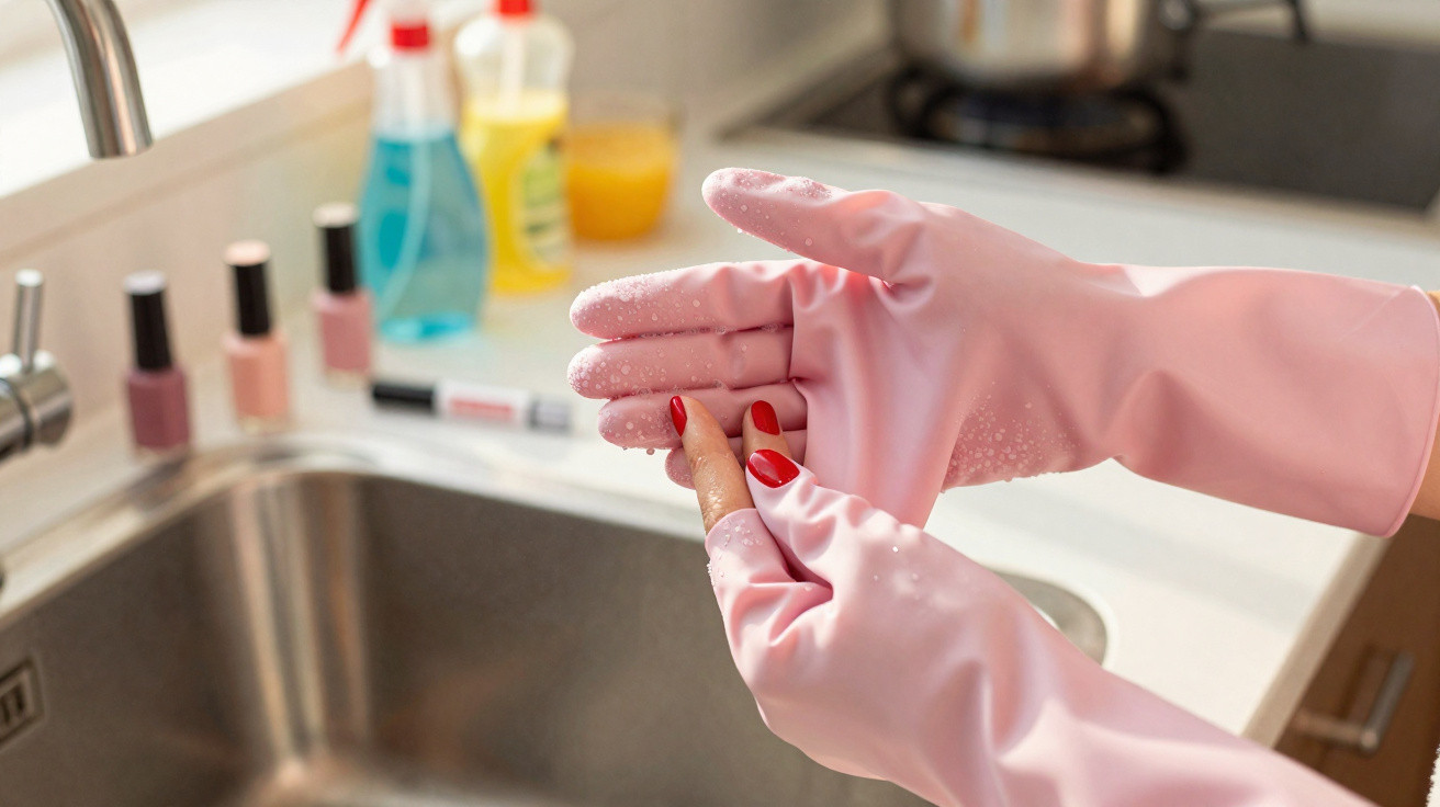 Personne enfilant des gants en caoutchouc roses près d'un évier de cuisine avec vernis à ongles et produits de nettoyage.