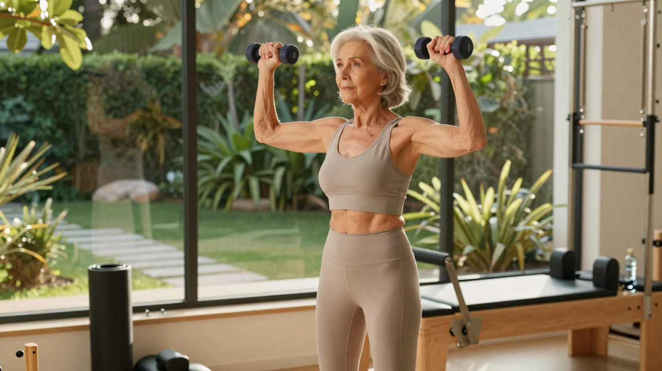 Femme âgée en tenue de sport levant des haltères dans une salle de gym lumineuse avec vue sur jardin.