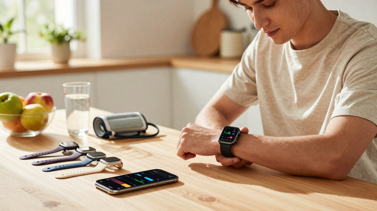 Un homme consulte son montre connectée assis à une table avec plusieurs montres et un smartphone posé dessus.