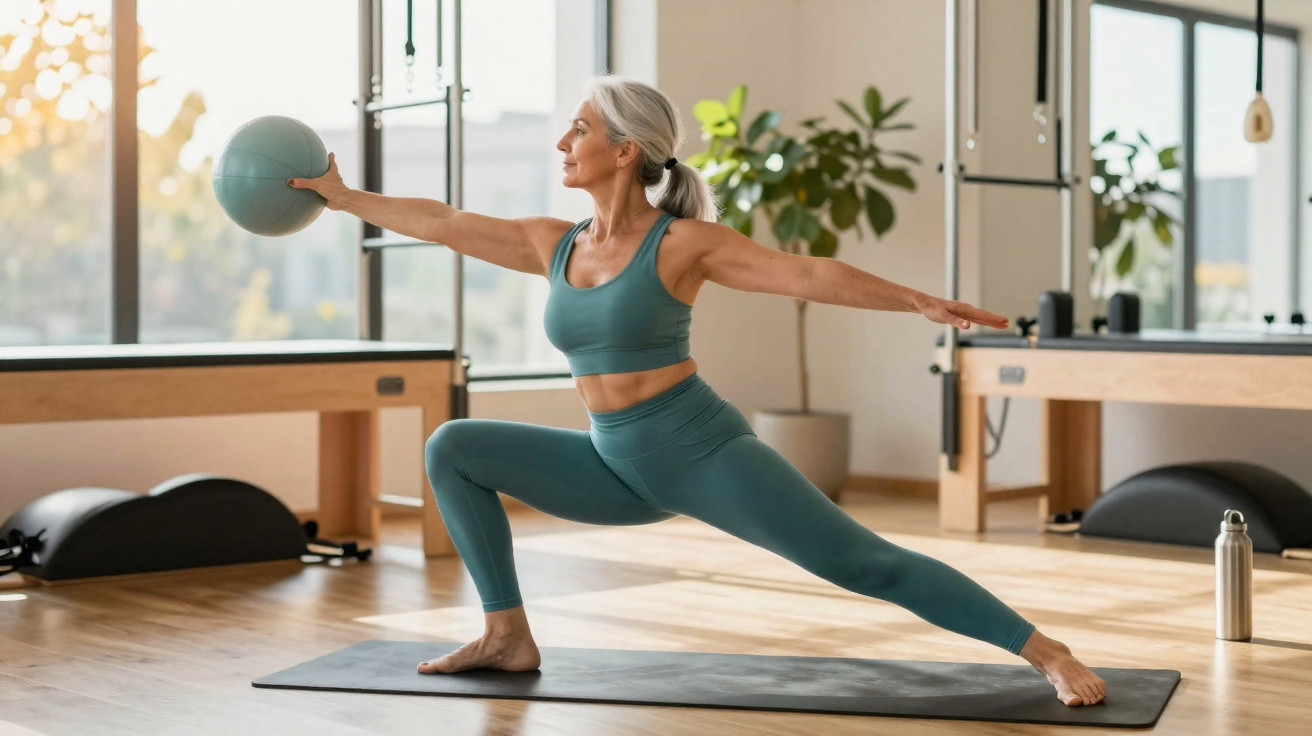 Femme mature en tenue de sport effectuant une posture de yoga avec une balle dans un studio lumineux.