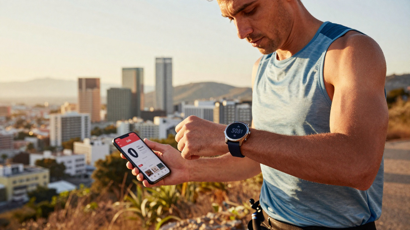 Homme en tenue de sport vérifie sa montre connectée et son smartphone avec une ville en arrière-plan au coucher du soleil.