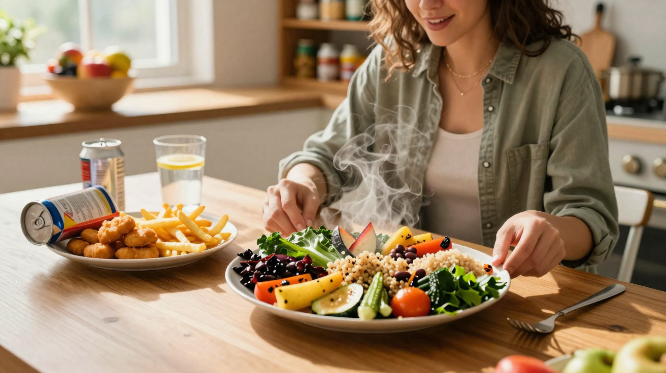 Femme souriante dégustant un plat chaud de légumes, quinoa et salade, avec un repas rapide à côté.