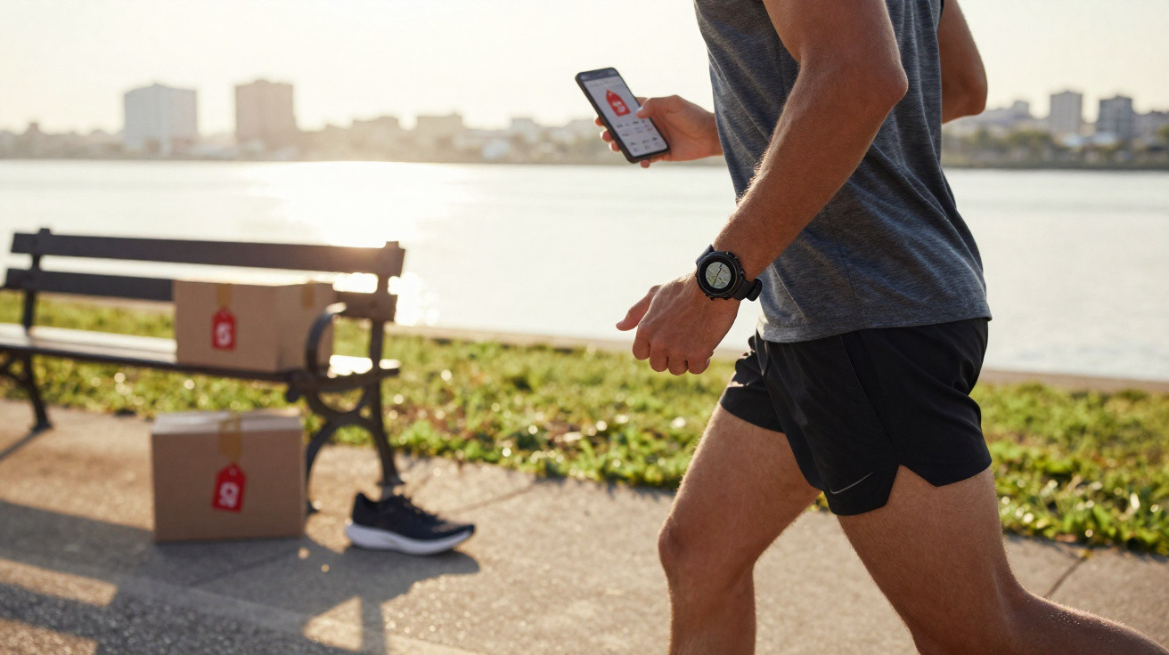 Homme en tenue de sport courant près de l'eau, tenant un smartphone avec des colis sur un banc en arrière-plan.