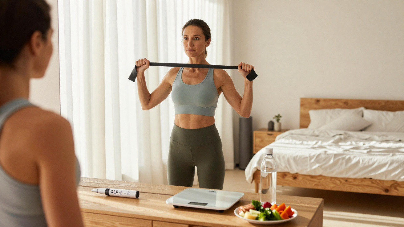 Femme en tenue de sport faisant un exercice avec une barre devant un miroir dans une chambre lumineuse.