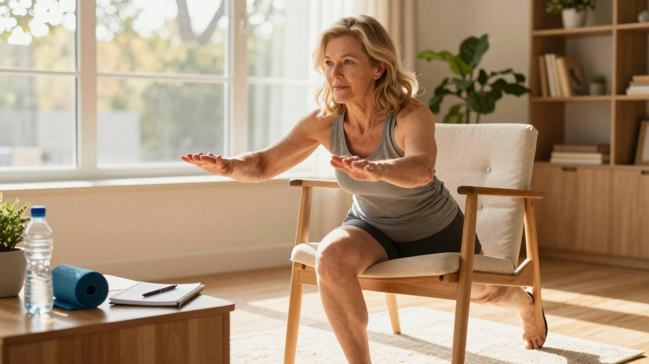 Femme faisant des exercices de renforcement musculaire en équilibre, assise sur une chaise dans un salon lumineux.