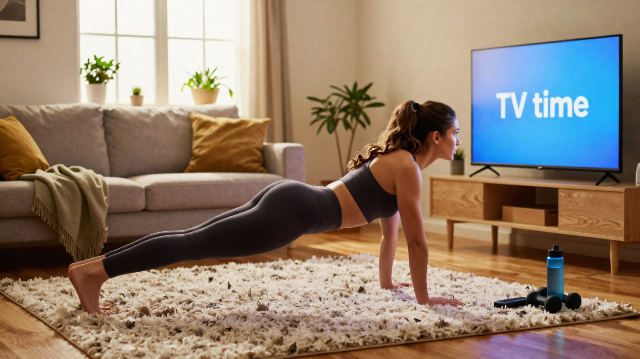 Femme en tenue de sport faisant la planche sur un tapis face à une télé affichant "TV time" dans un salon.