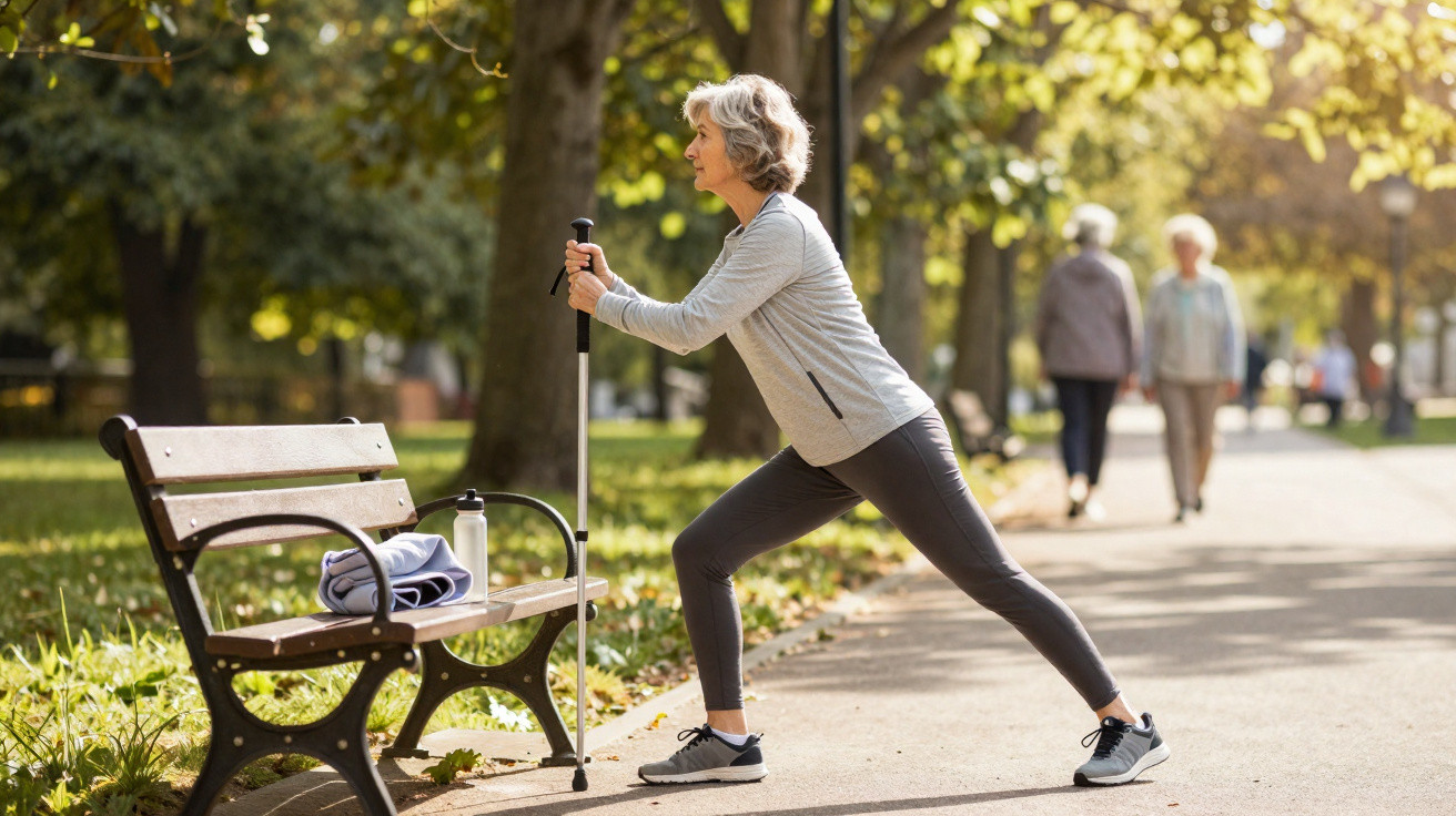 Femme âgée faisant des étirements avec une canne, appuyée sur un banc dans un parc par une journée ensoleillée.