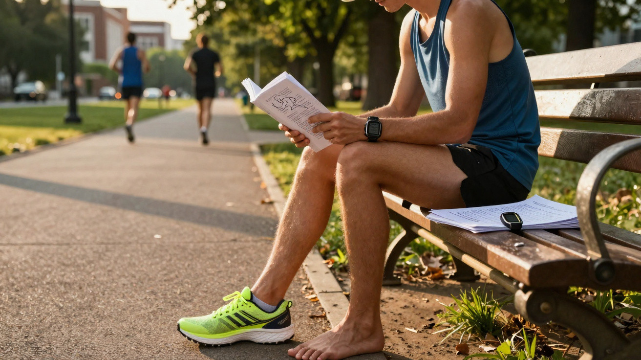 Homme en tenue de sport, assis pieds nus sur un banc, lisant un livre dans un parc au coucher du soleil.