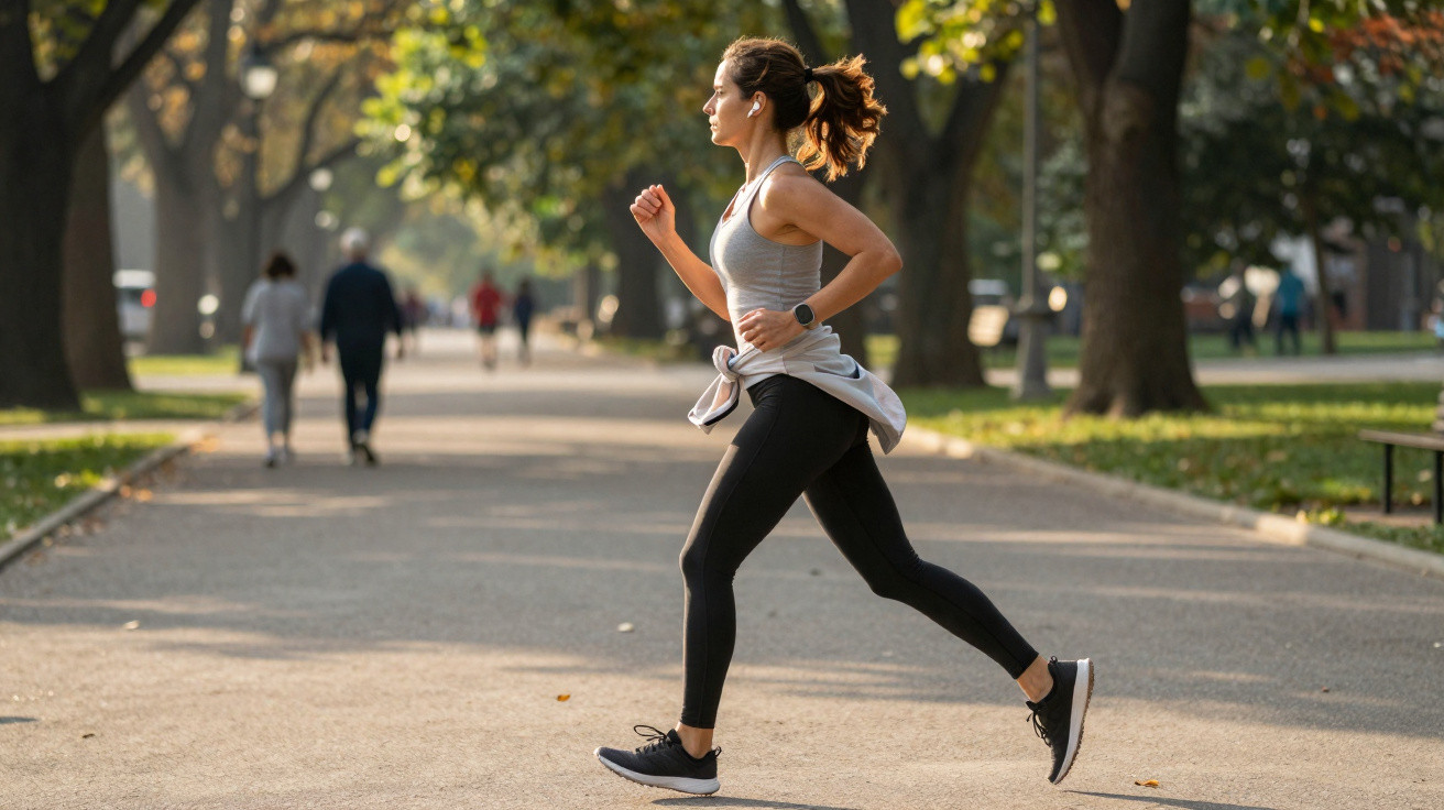 Femme courant dans un parc en tenue de sport, soleil levant et arbres en arrière-plan.