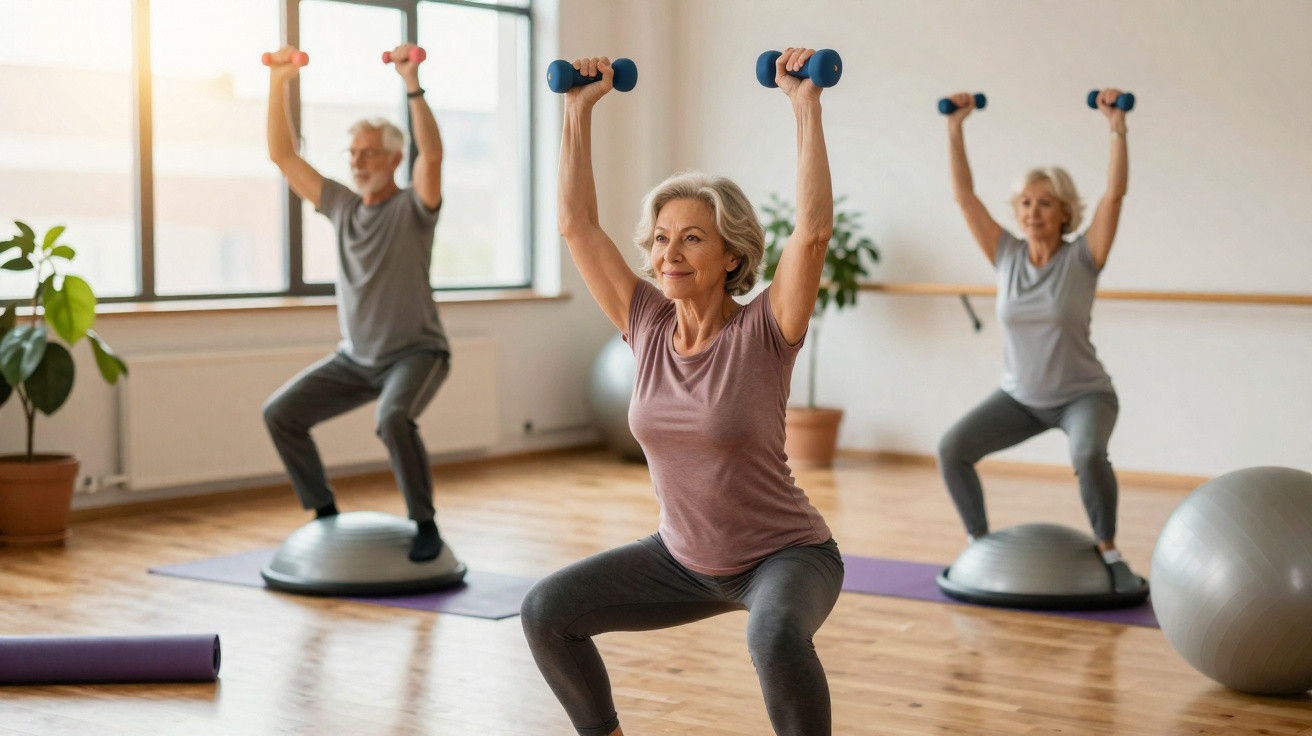 Trois seniors font des exercices de musculation avec haltères et demi-balles dans une salle lumineuse.
