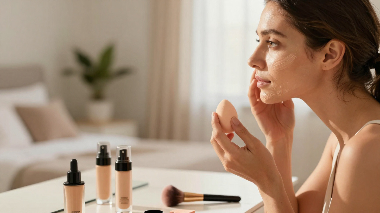 Femme appliquant du fond de teint avec une éponge, face de profil, devant un miroir avec produits de maquillage.