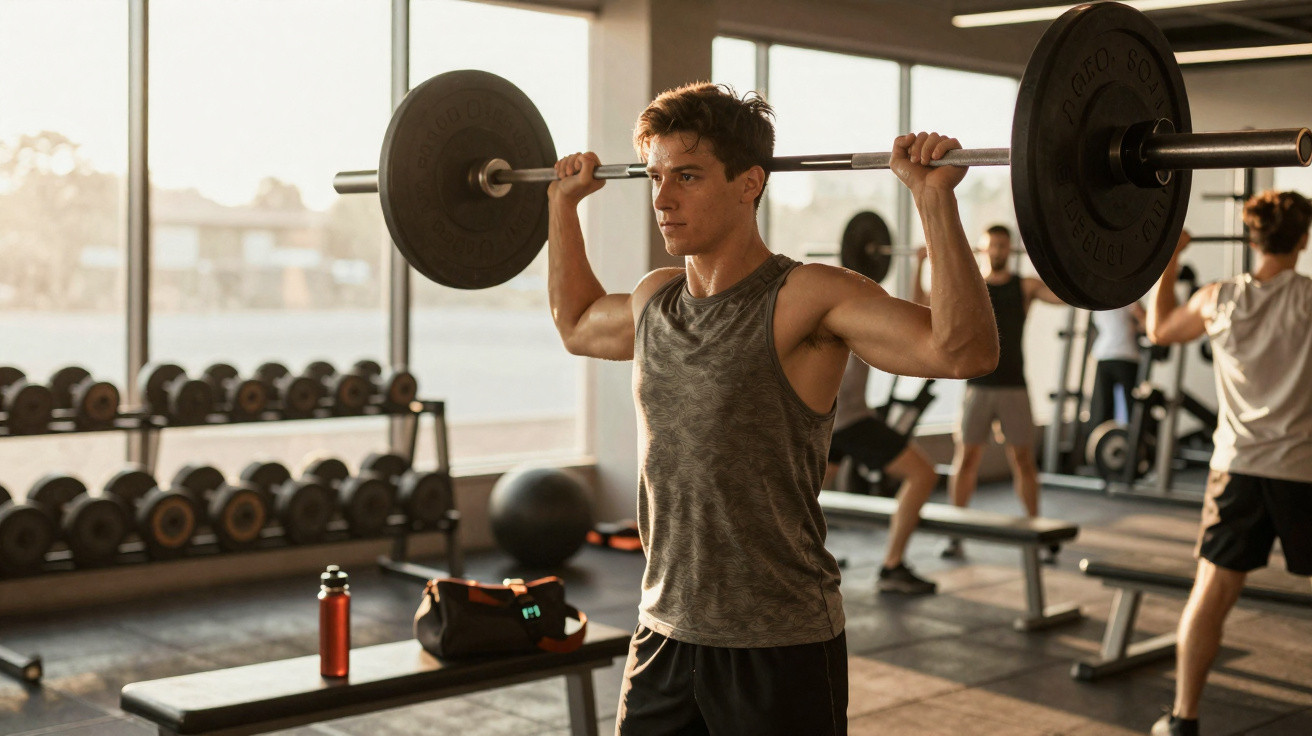 Jeune homme soulevant une barre de musculation dans une salle de sport lumineuse avec d'autres personnes en arrière-plan.
