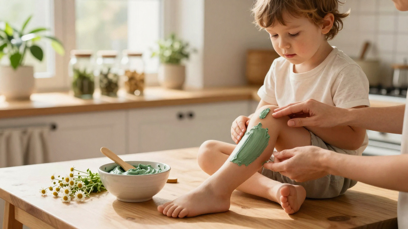 Un enfant assis sur une table se fait appliquer une crème verte sur la jambe par un adulte dans une cuisine lumineuse.