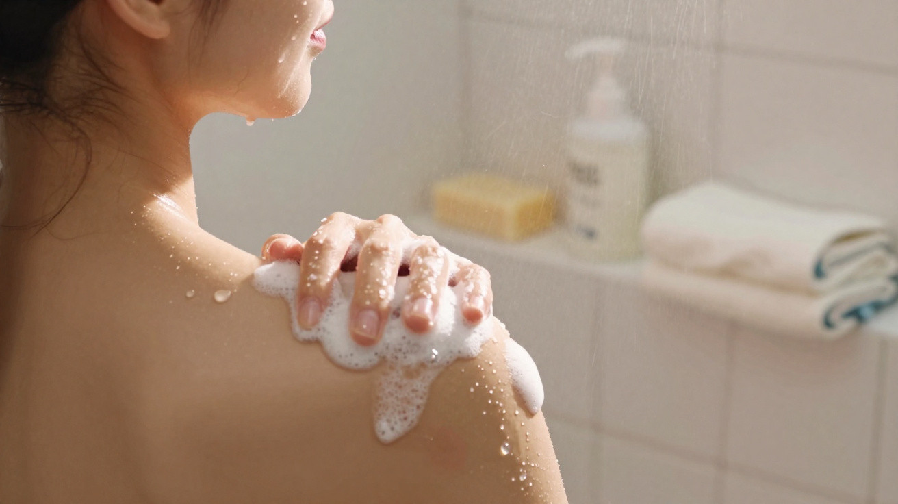 Femme lavant son épaule avec du savon mousseux sous la douche, arrière-plan flou avec serviettes et savon.