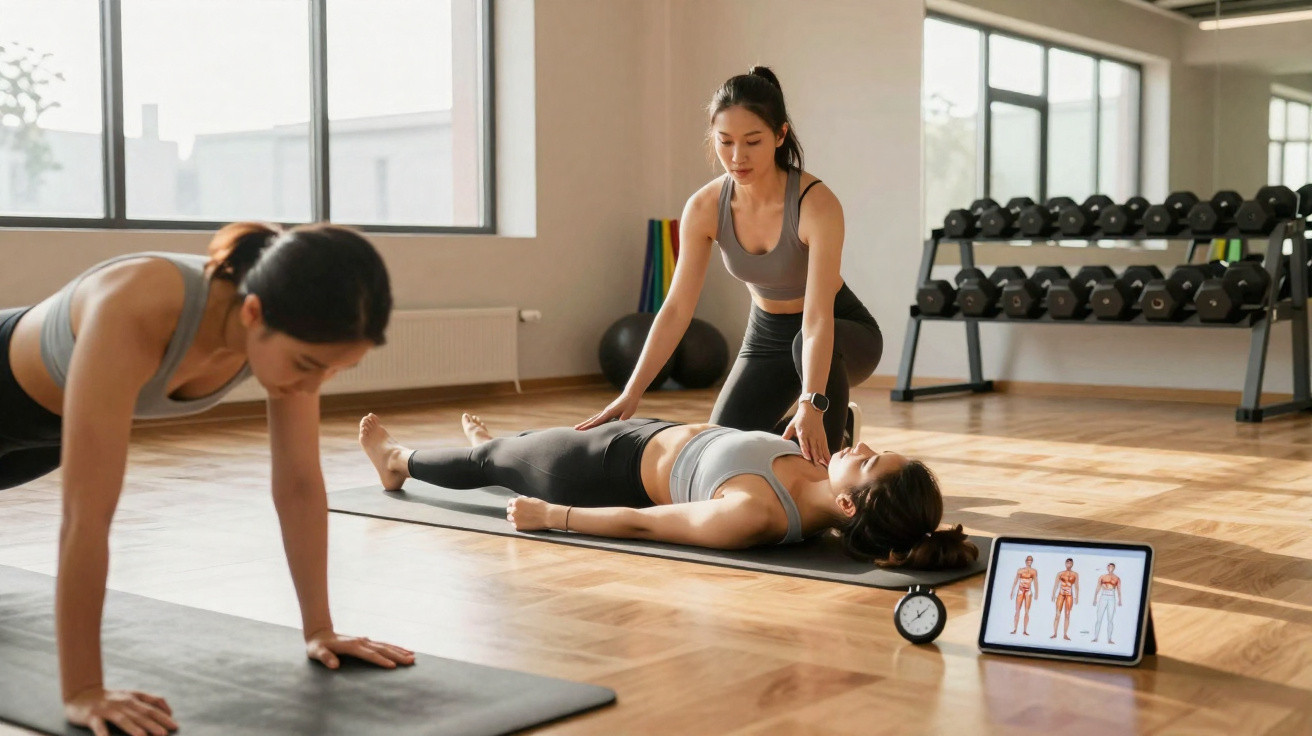 Femme coach assistante étirement personne allongée au sol dans salle de sport lumineuse avec tablette et haltères.