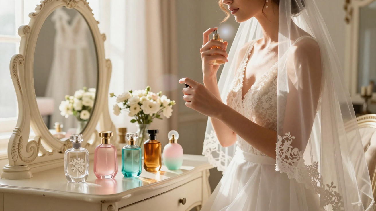 Jeune mariée en robe blanche et voile appliquant du parfum devant un miroir sur une coiffeuse élégante.