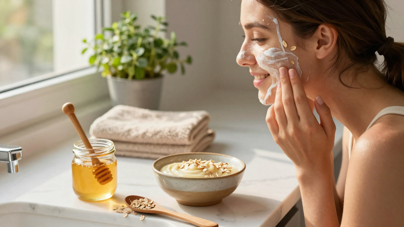 Femme souriante appliquant un masque visage naturel dans une cuisine lumineuse avec miel et avoine.