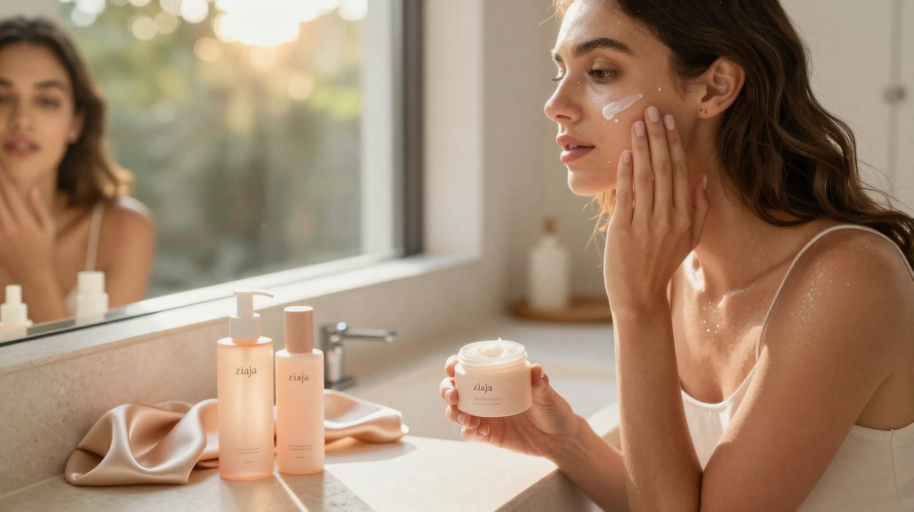 Femme appliquant une crème hydratante sur son visage devant un miroir dans une salle de bain lumineuse.