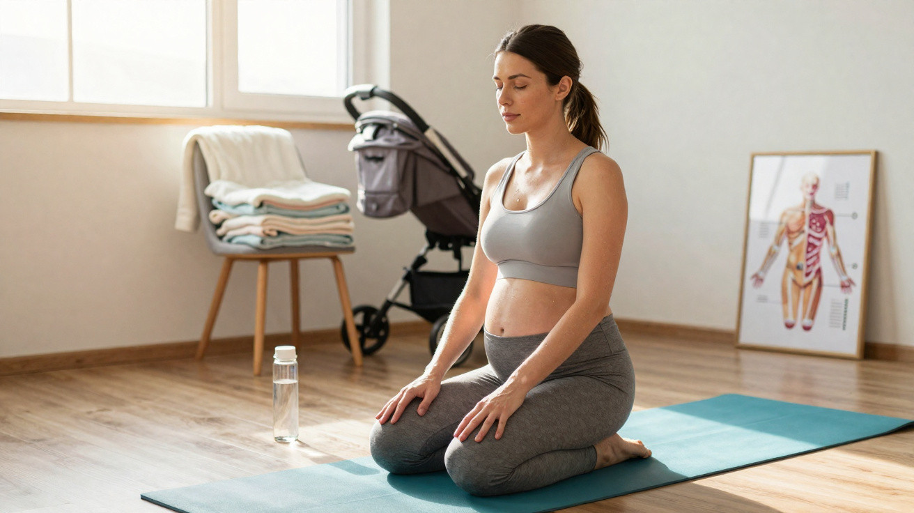 Femme enceinte méditant en position agenouillée sur un tapis de yoga dans une pièce lumineuse et calme.