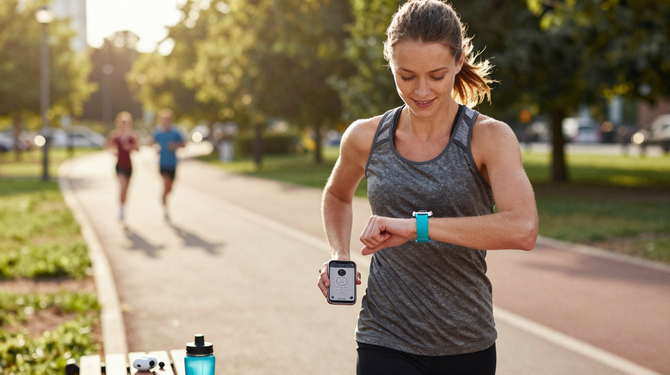 Femme en tenue de sport regardant sa montre connectée lors d'un jogging dans un parc ensoleillé.