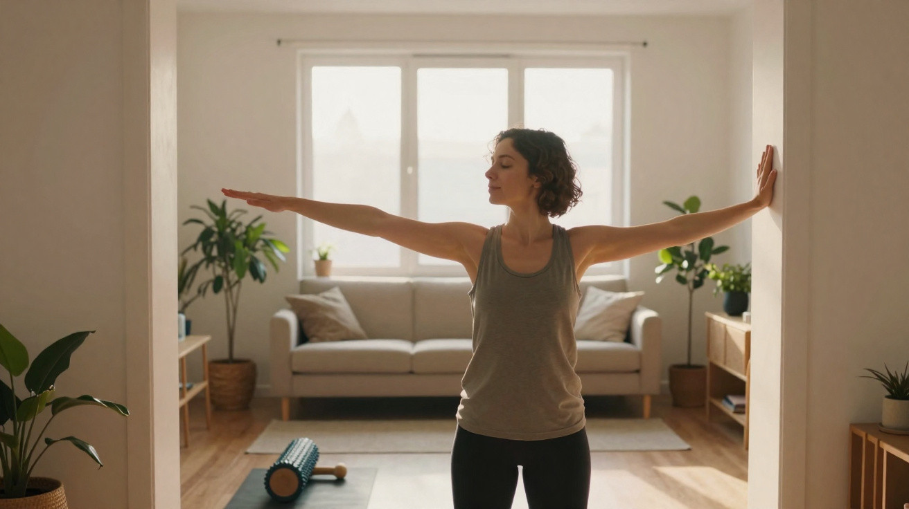 Femme en tenue de sport s'étirant entre deux murs dans un salon lumineux avec plantes et canapé.