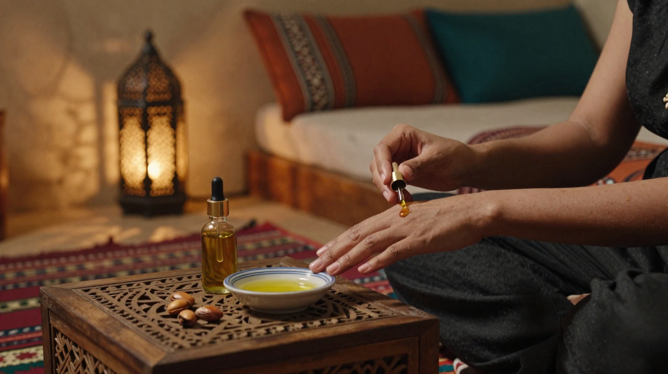 Personne appliquant de l'huile à l'aide d'une pipette, ambiance cosy avec lampe marocain et coussins colorés.