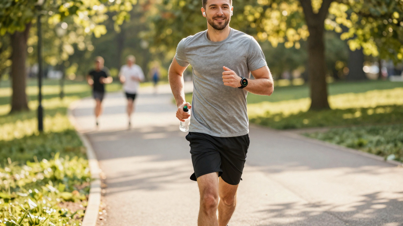 Homme courant dans un parc en tenue sportive avec bouteille d'eau, deux autres coureurs en arrière-plan.
