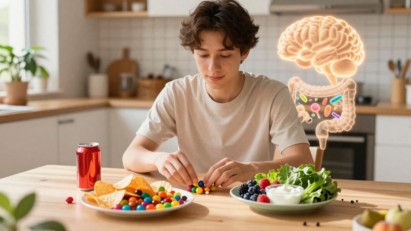 Jeune homme à table choisissant des bonbons avec illustration du cerveau et du système digestif.