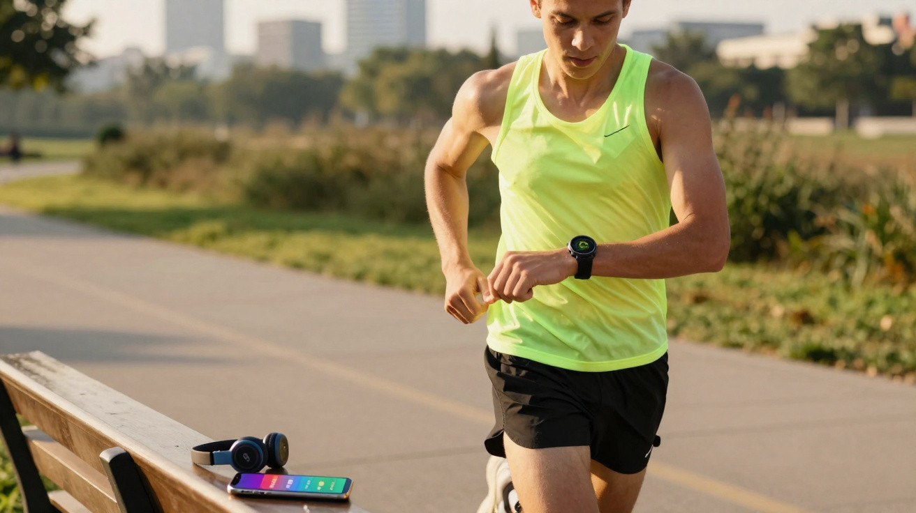 Homme en tenue de course jaune vérifiant sa montre connectée lors d’un jogging en plein air près d’un banc.