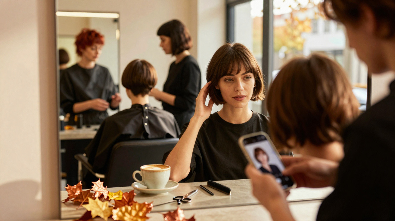 Jeune femme au salon de coiffure avec coiffure courte, prise en photo par la coiffeuse, tasse de café sur la table.