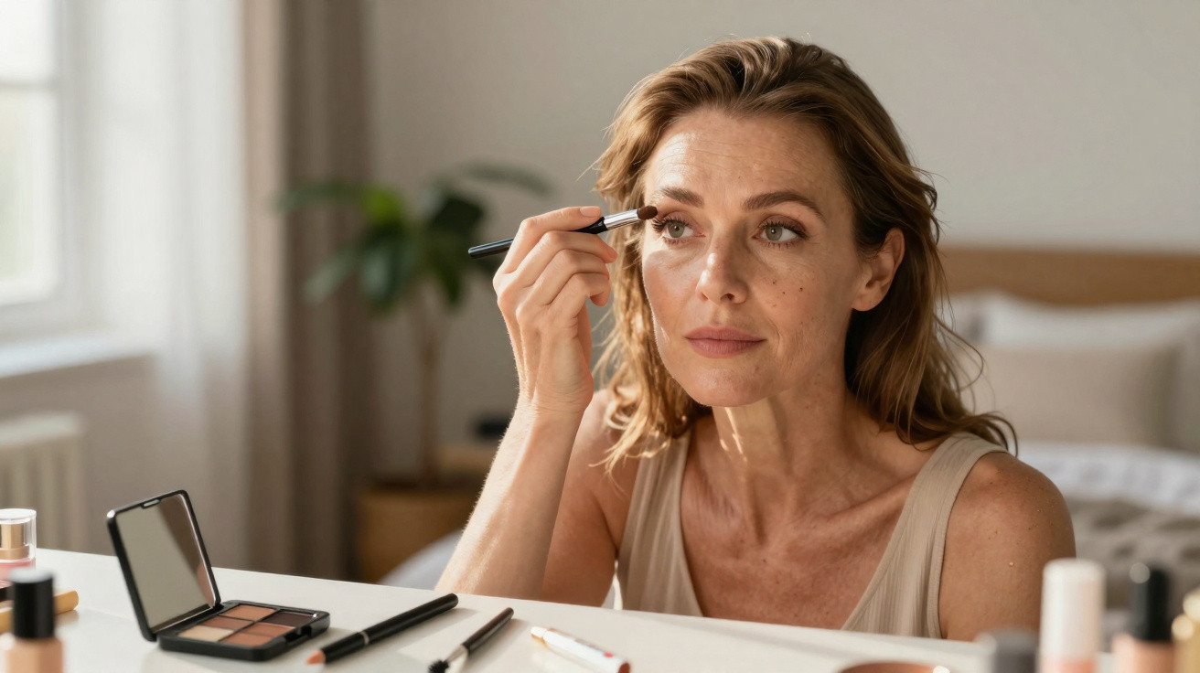 Femme appliquant du maquillage aux yeux avec un pinceau devant un miroir sur une coiffeuse.