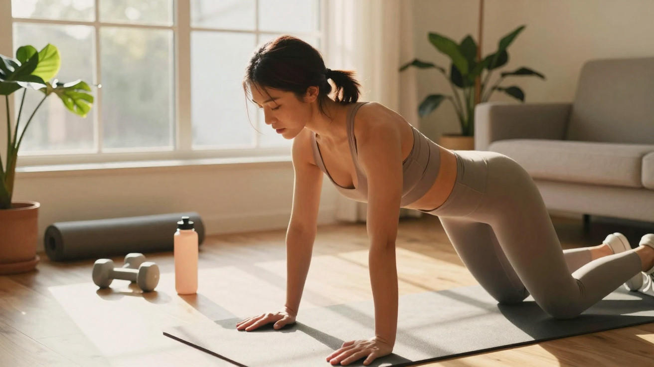 Femme en tenue de sport faisant des exercices au sol sur un tapis dans un salon lumineux.