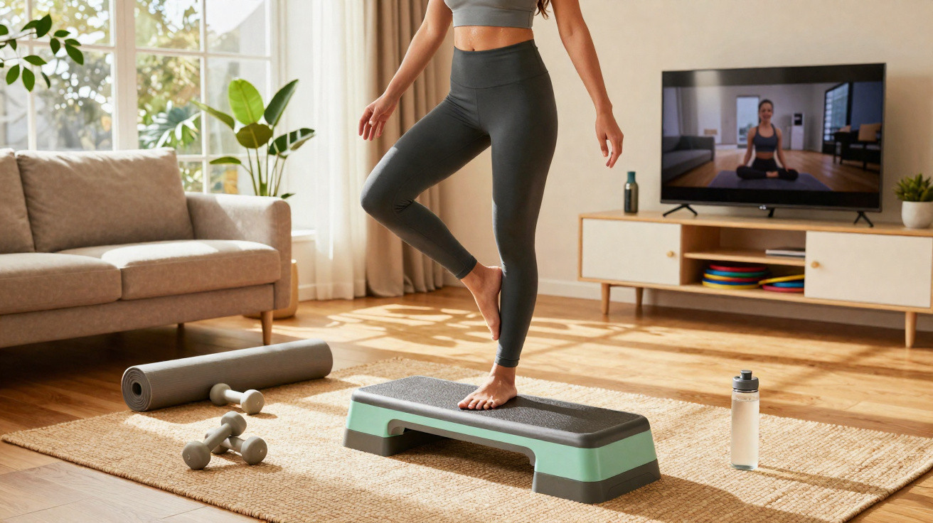 Personne en tenue de sport fait exercice d'équilibre sur step dans salon avec télé et tapis de yoga.