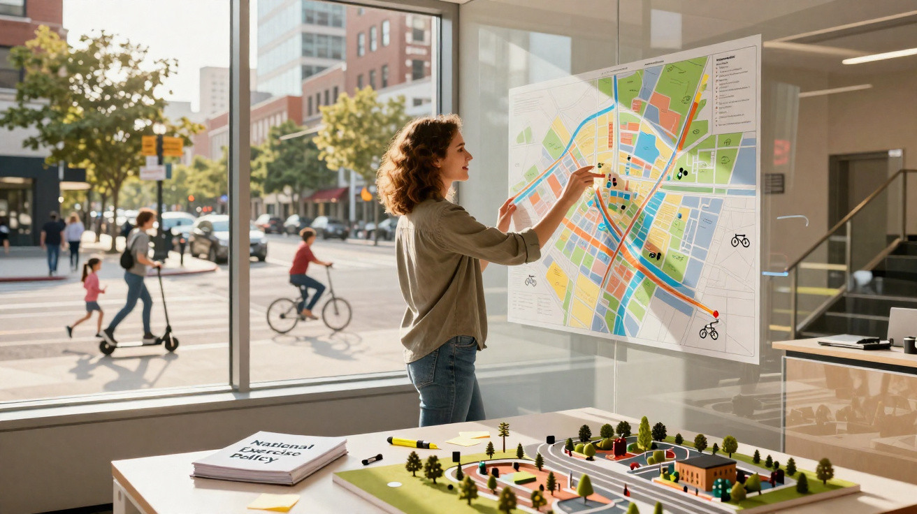 Femme analysant une carte urbaine dans un bureau avec maquette, vue sur rue avec cyclistes et piétons.