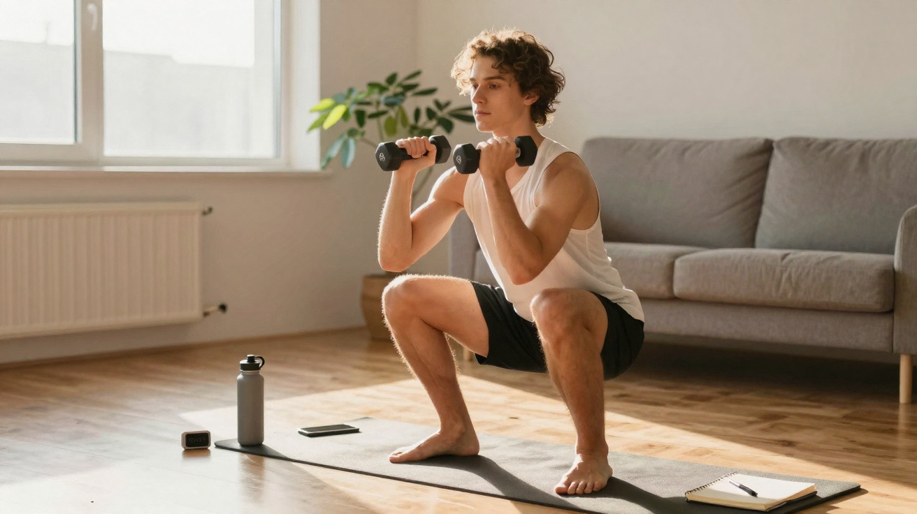 Jeune homme faisant des squats avec haltères dans un salon lumineux, tapis de yoga au sol.