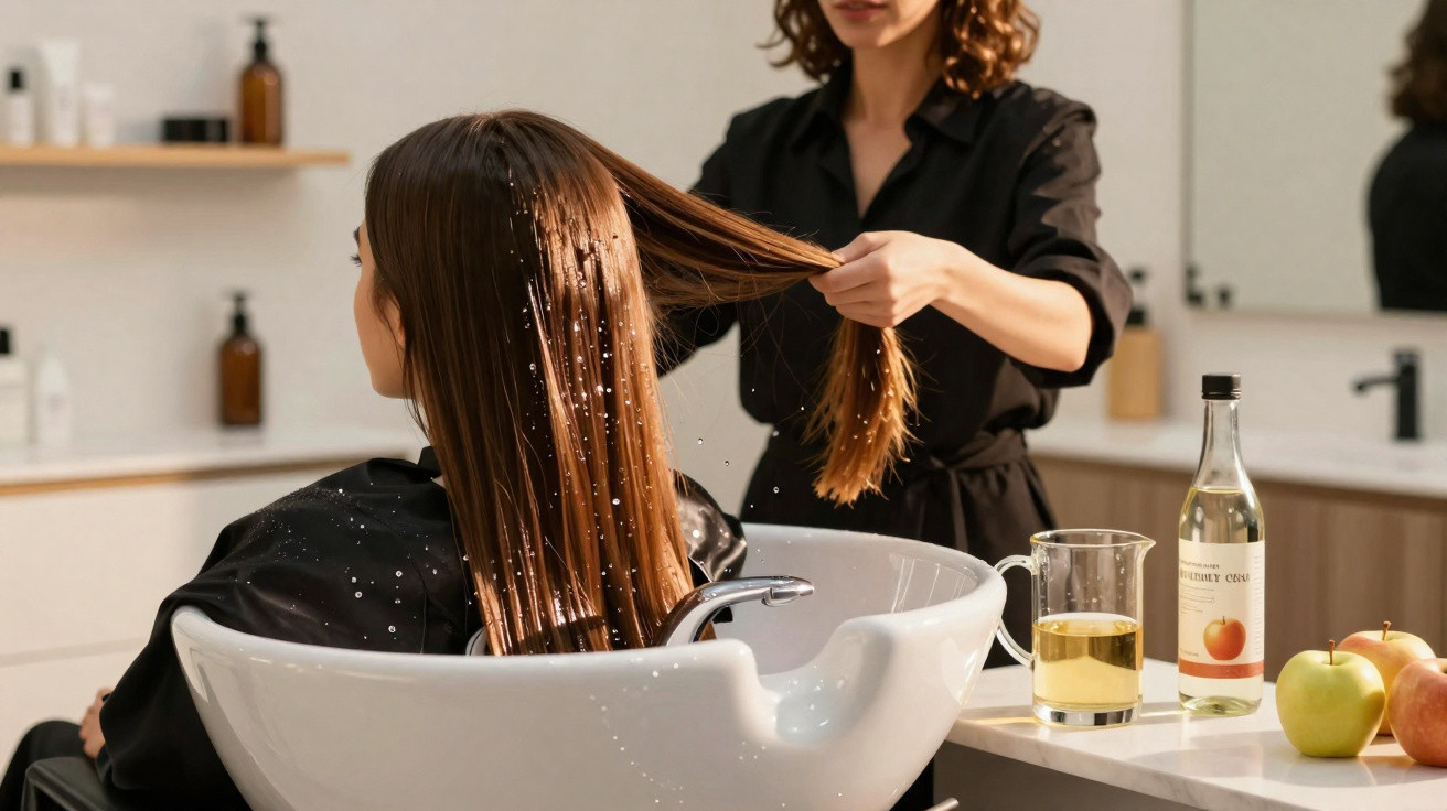 Coiffeuse lavant les cheveux d'une cliente dans un salon, bouteille et pommes posées sur le comptoir.