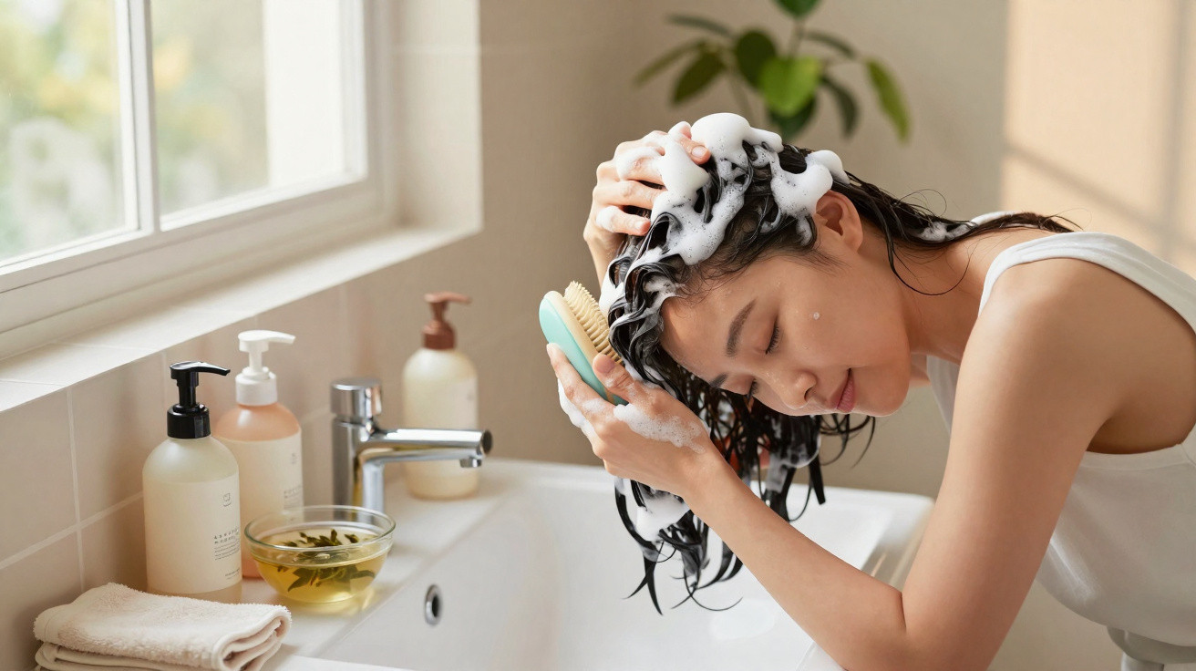 Femme lavant ses cheveux avec un shampooing mousseux au-dessus d’un lavabo dans une salle de bain lumineuse.