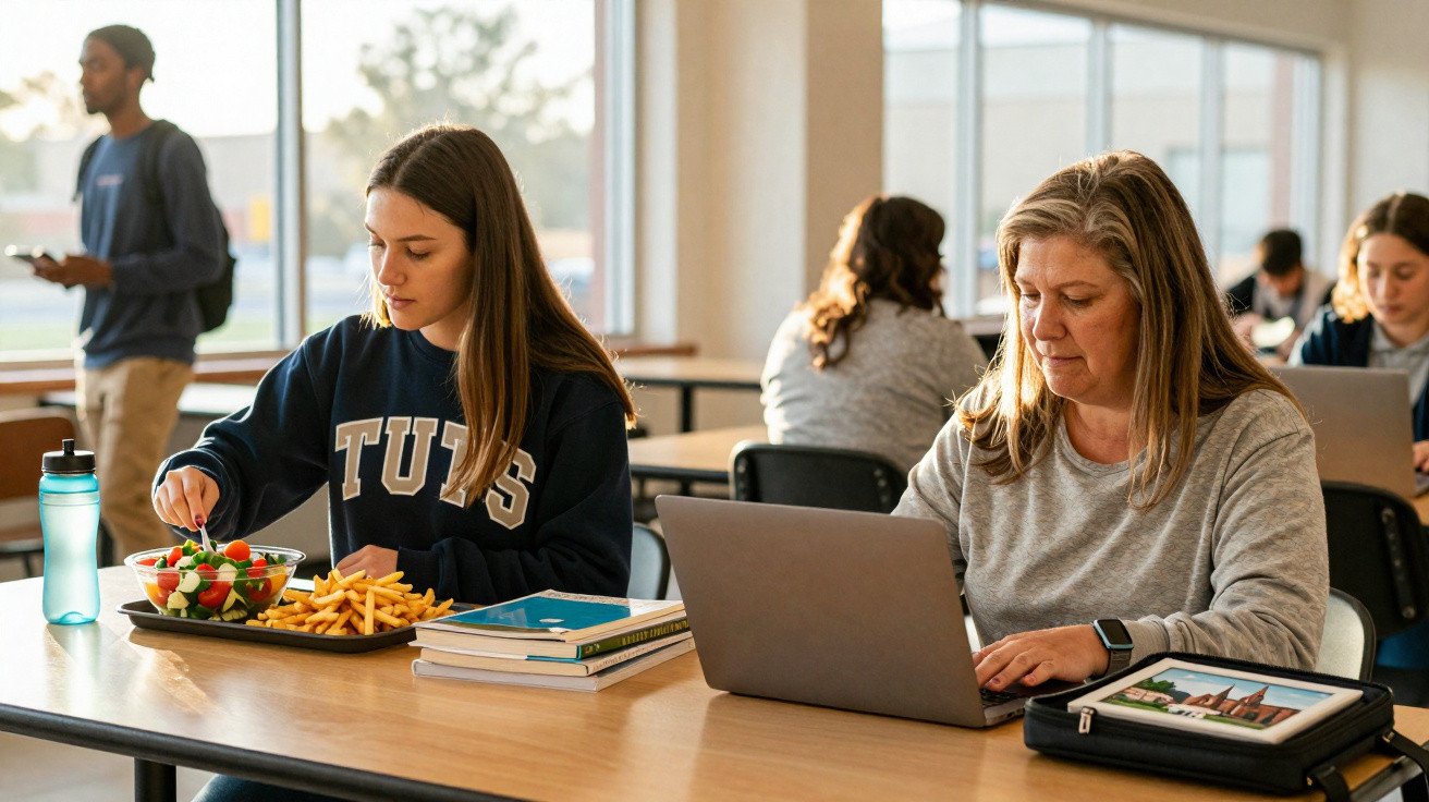 Deux femmes assises à une table, l'une mange une salade avec des frites, l'autre travaille sur un ordinateur portable.