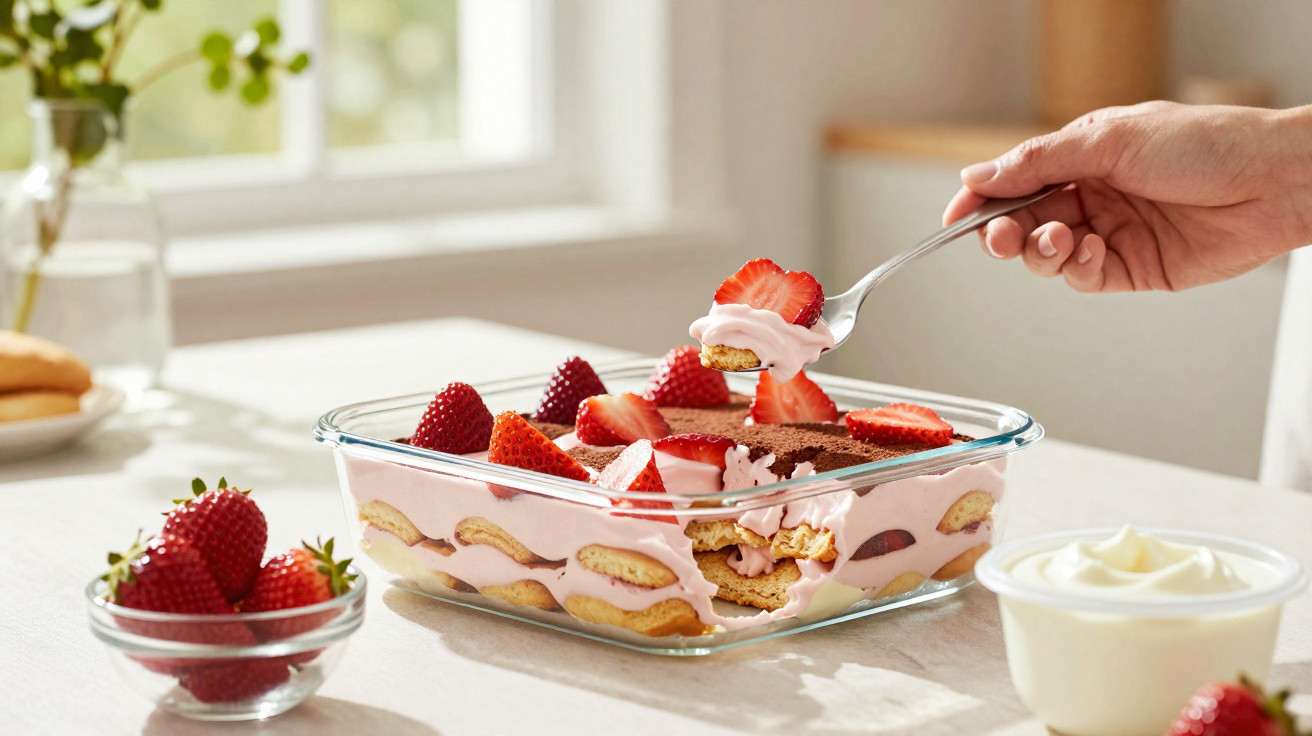 Tiramisu aux fraises dans un plat en verre avec une cuillère en main, bol de fraises et crème en arrière-plan.