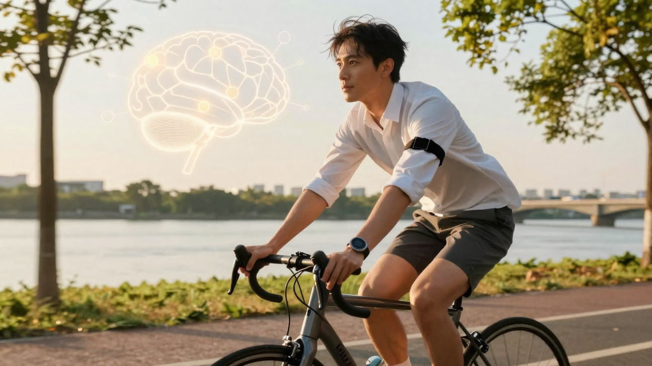 Homme en chemise blanche faisant du vélo au bord de l'eau avec une illustration lumineuse du cerveau en arrière-plan.