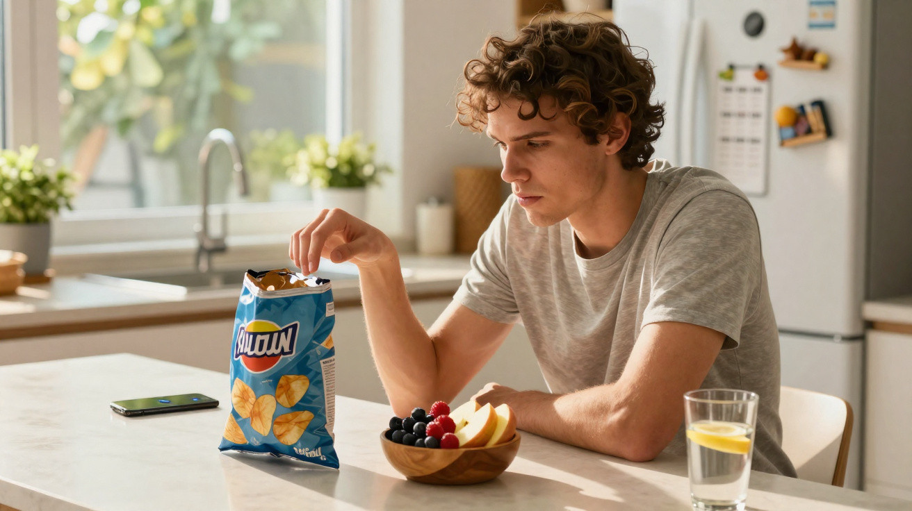 Jeune homme assis à table, mangeant des chips avec un bol de fruits et un verre d'eau citronnée.