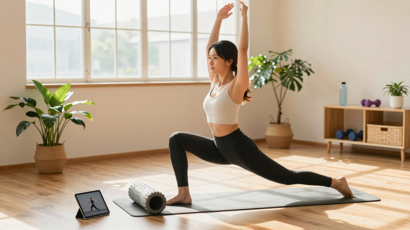 Jeune femme pratiquant le yoga en position fente avant dans un salon lumineux avec tapis et tablette affichant un cours.