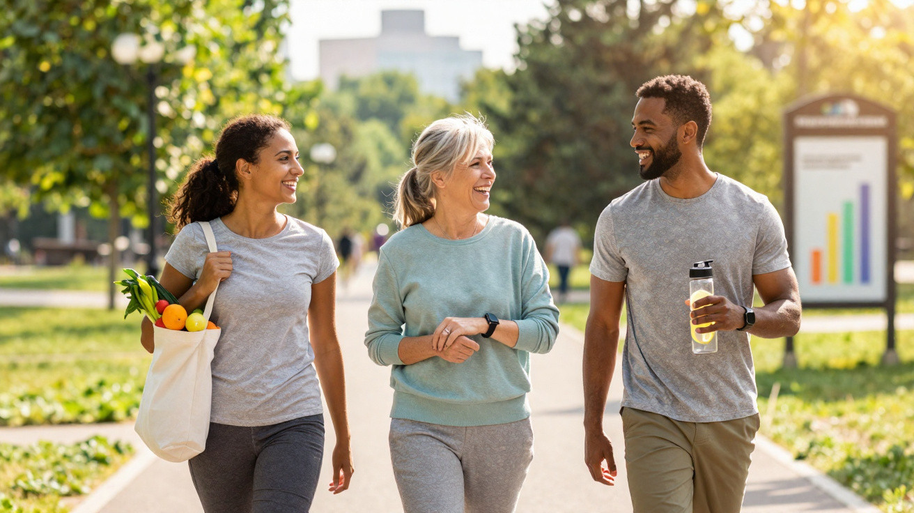 Trois personnes souriantes marchant dans un parc ensoleillé, discutant joyeusement ensemble.