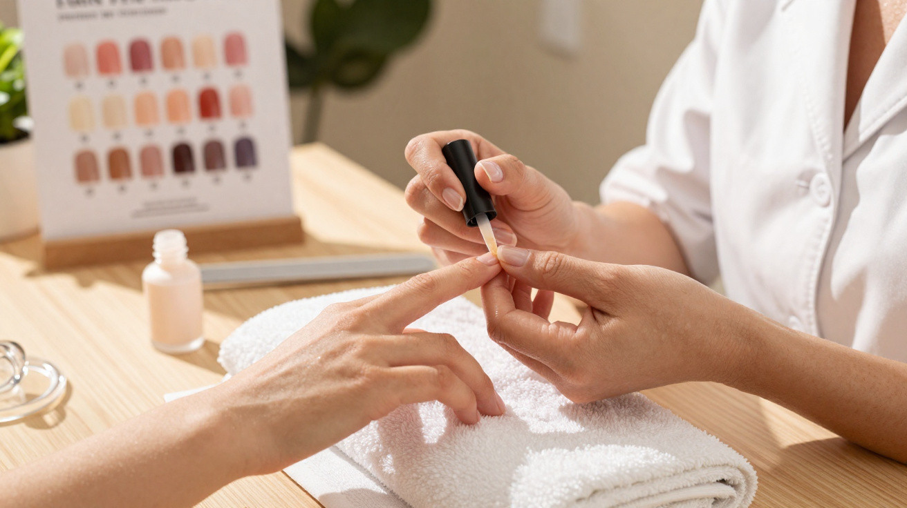 Manucure appliquant un vernis à ongles clair sur les ongles d’une cliente en salon.