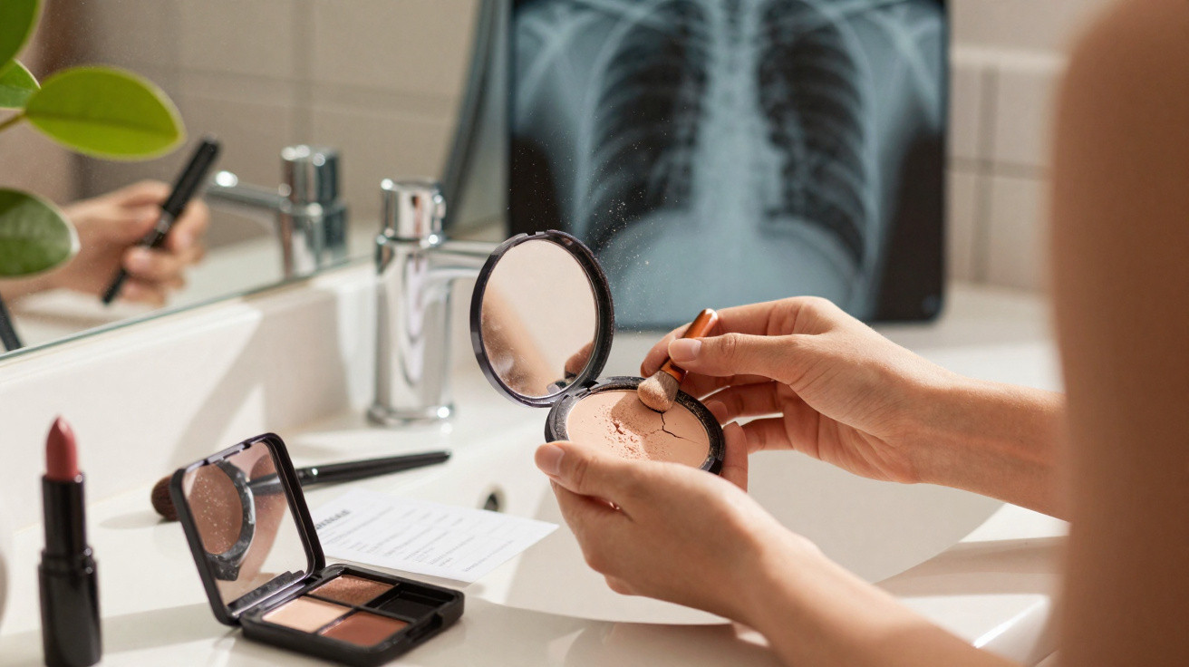 Mains tenant une poudre compacte brisée devant un lavabo avec maquillage et radiographie sur fond.