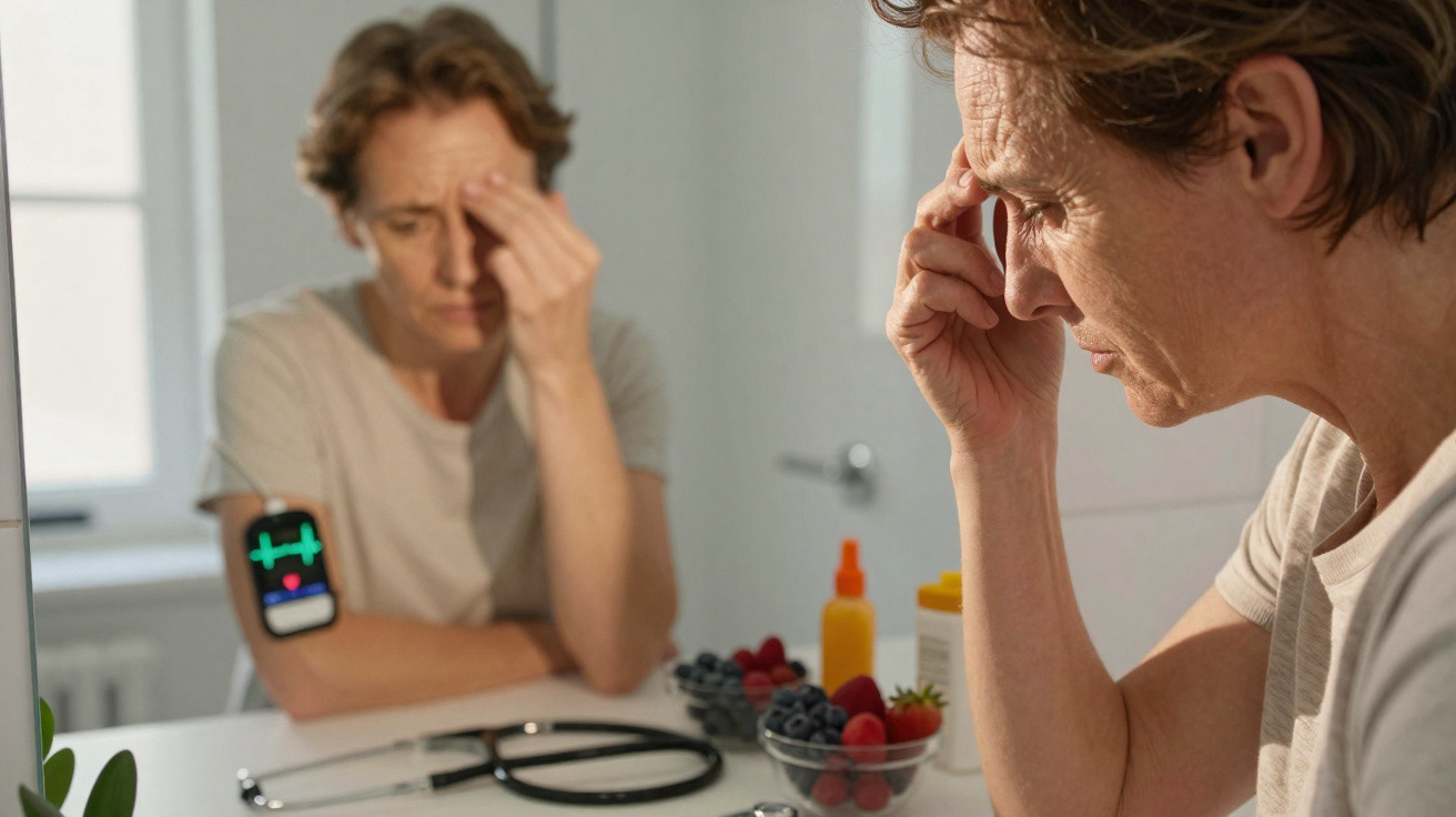 Femme préoccupée avec un bracelet santé, main sur le front, devant des fruits et un stéthoscope sur une table.