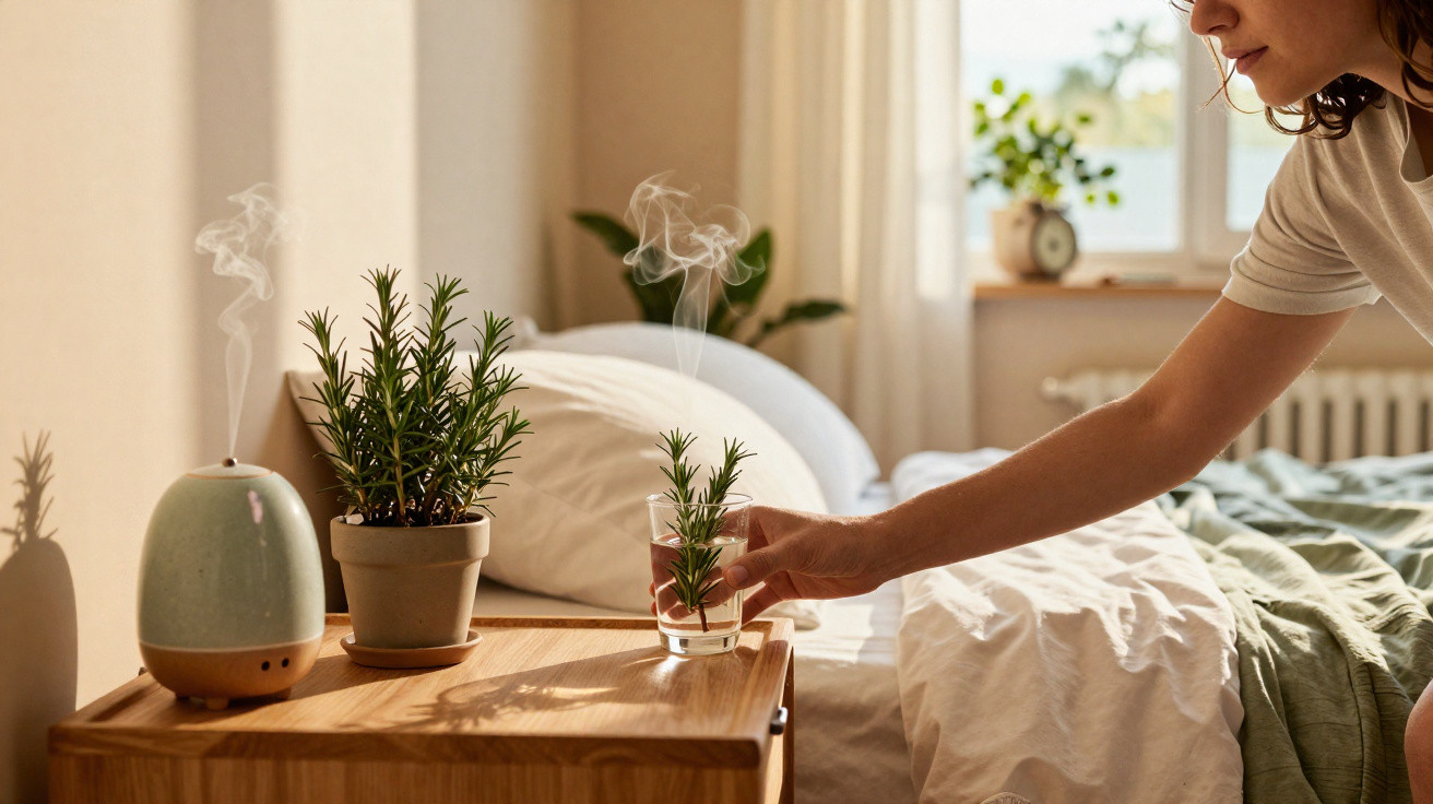 Personne déposant un verre avec une branche de romarin sur une table de chevet près d'un diffuseur et d'une plante verte.