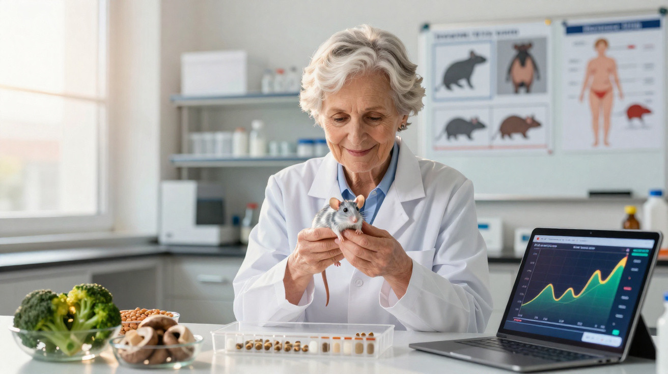 Chercheuse en blouse blanche tient une souris dans un laboratoire avec ordinateur et aliments sains sur la table.